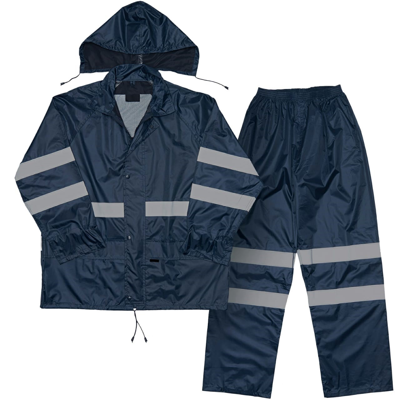 2PC HEAVY DUTY RAINSUIT FULLY LINED WITH 5CM REFLECTIVE - NYLON/PVC COATED - NAVY